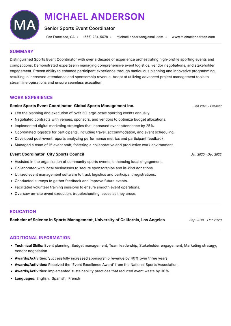 Sports Event Coordinator resume example