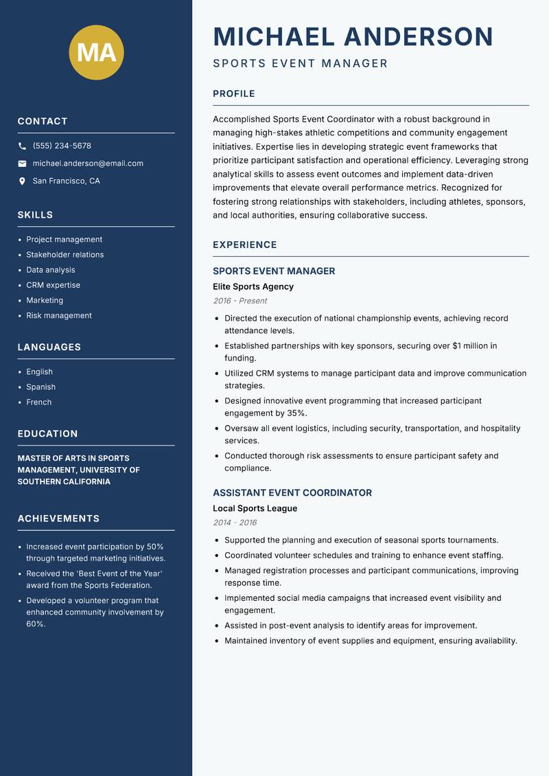 Sports Event Coordinator resume sample — Sports Event Manager focus