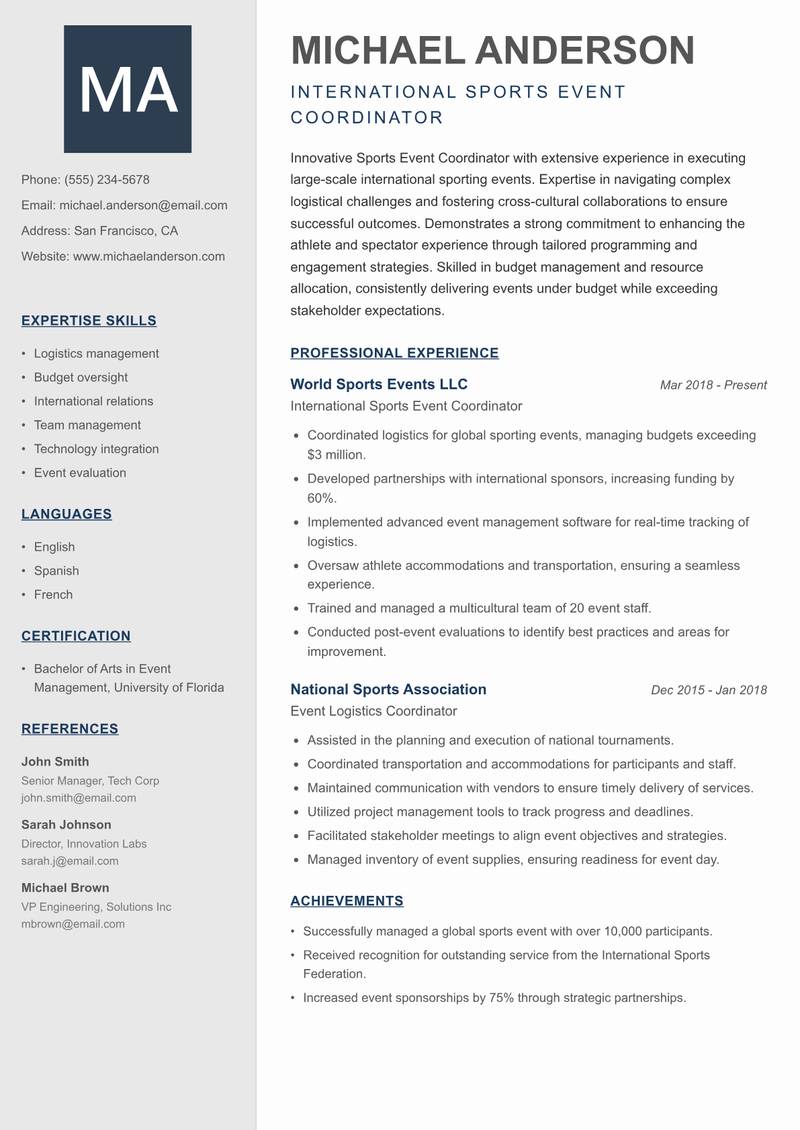 Sports Event Coordinator resume sample — International Sports Event Coordinator focus