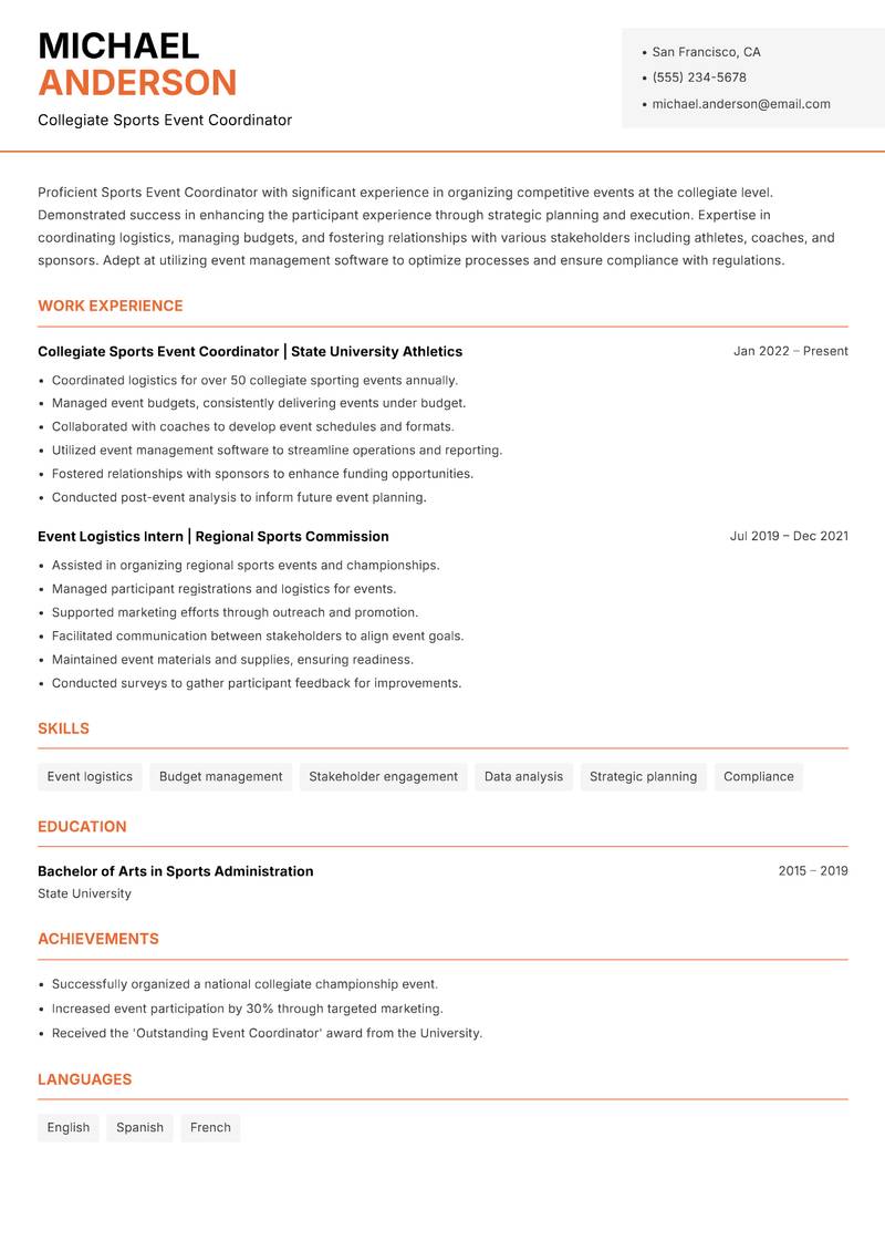 Sports Event Coordinator resume sample — Collegiate Sports Event Coordinator focus