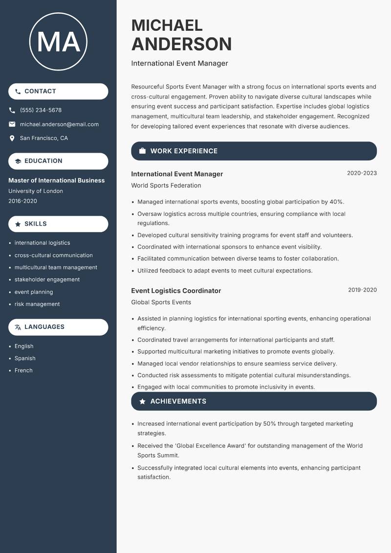 Sports Event Manager resume sample — International Event Manager focus