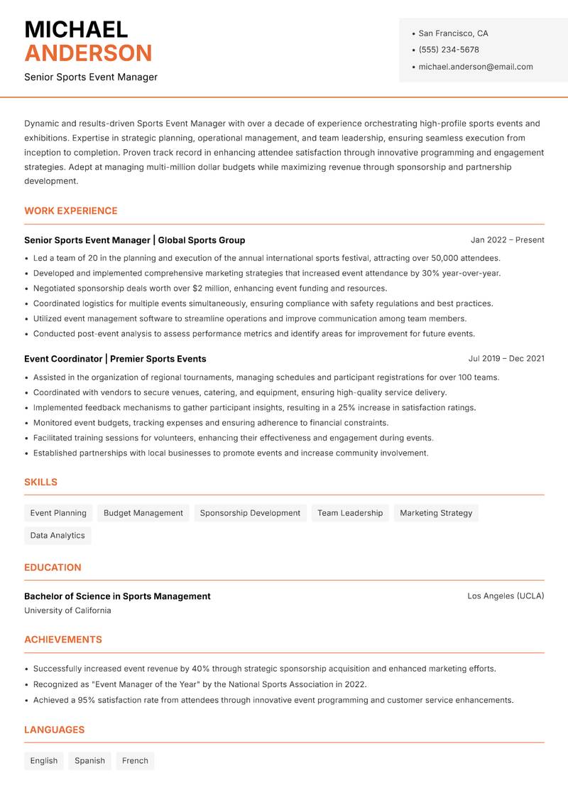 Sports Event Manager resume sample — Senior Sports Event Manager focus