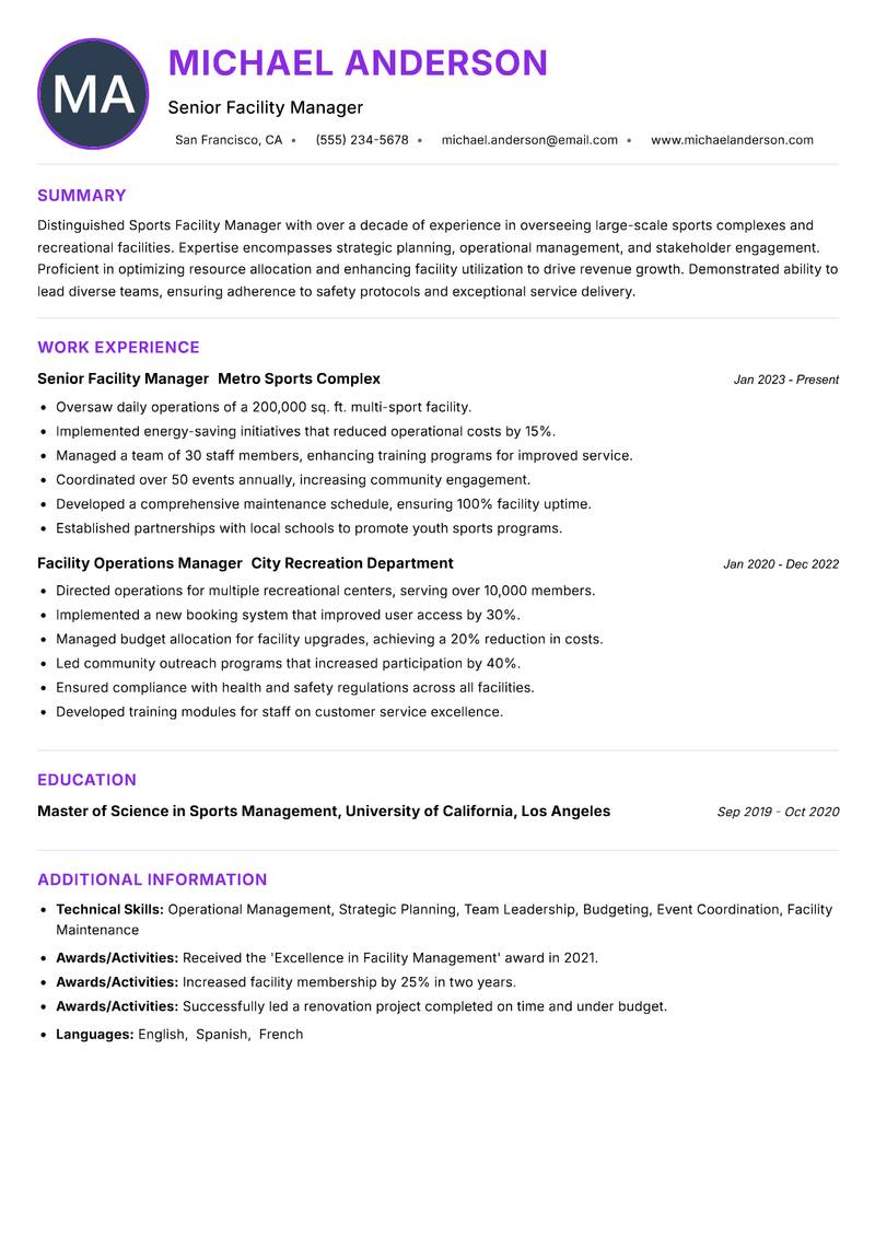 Sports Facility Manager resume example