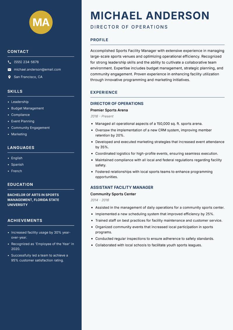 Sports Facility Manager resume sample — Director of Operations focus