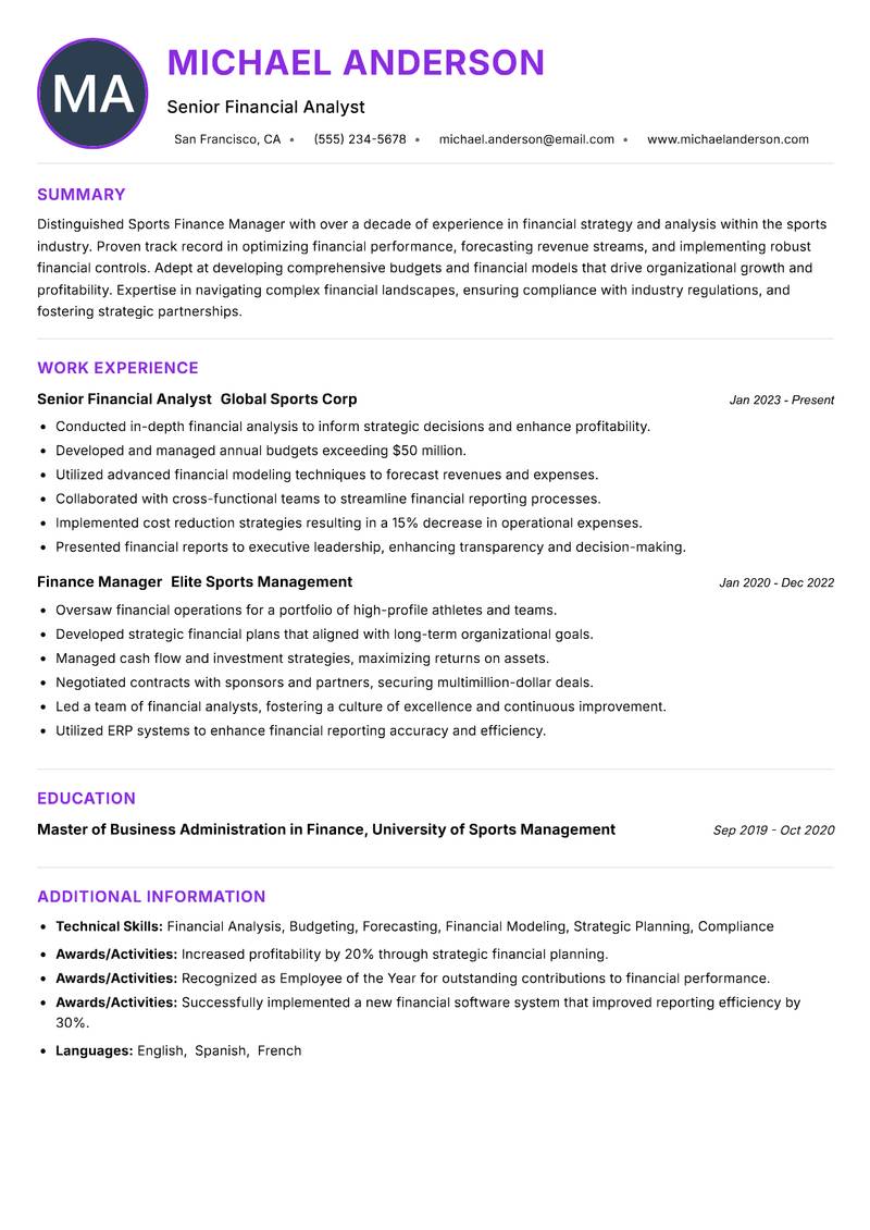 Sports Finance Manager resume example