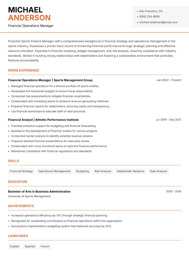 Sports Finance Manager resume sample — Financial Operations Manager focus