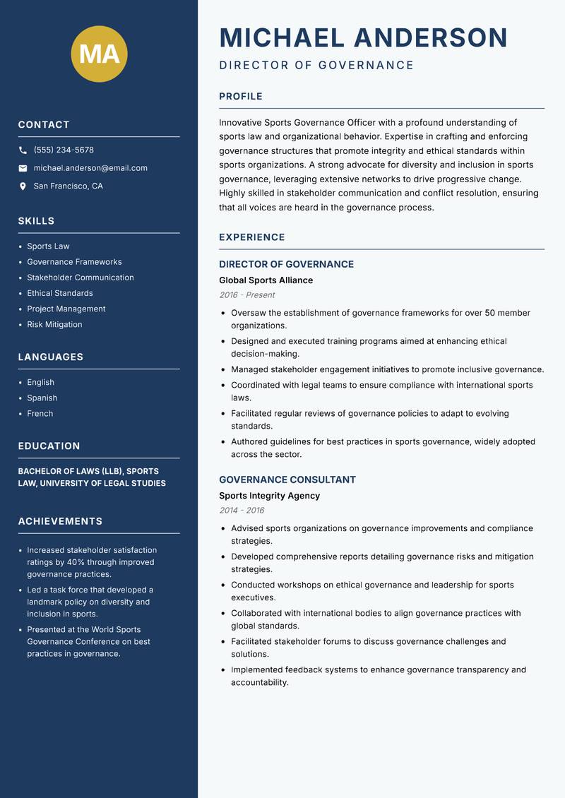 Sports Governance Officer resume sample — Director of Governance focus