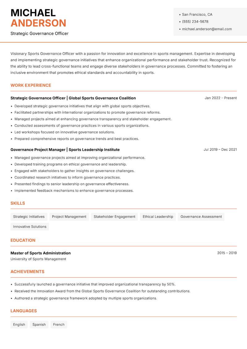 Sports Governance Officer resume sample — Strategic Governance Officer focus