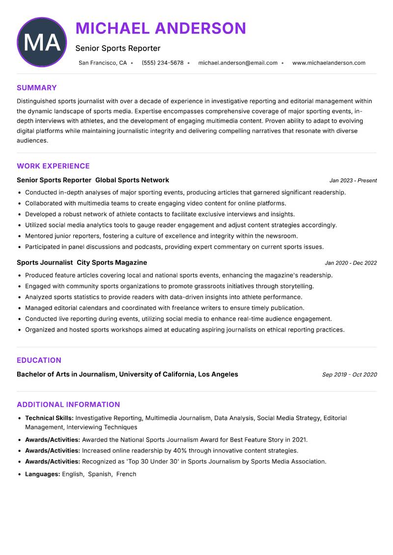 Sports Journalist resume example