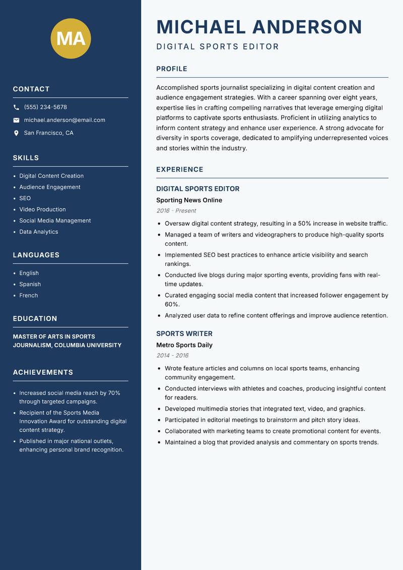 Sports Journalist resume sample — Digital Sports Editor focus