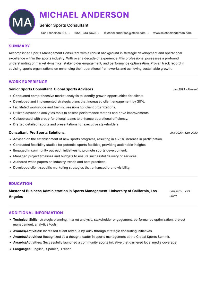 Sports Management Consultant resume example