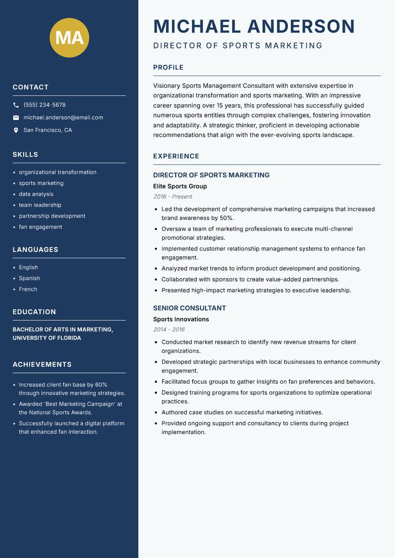 Sports Management Consultant resume sample — Director of Sports Marketing focus