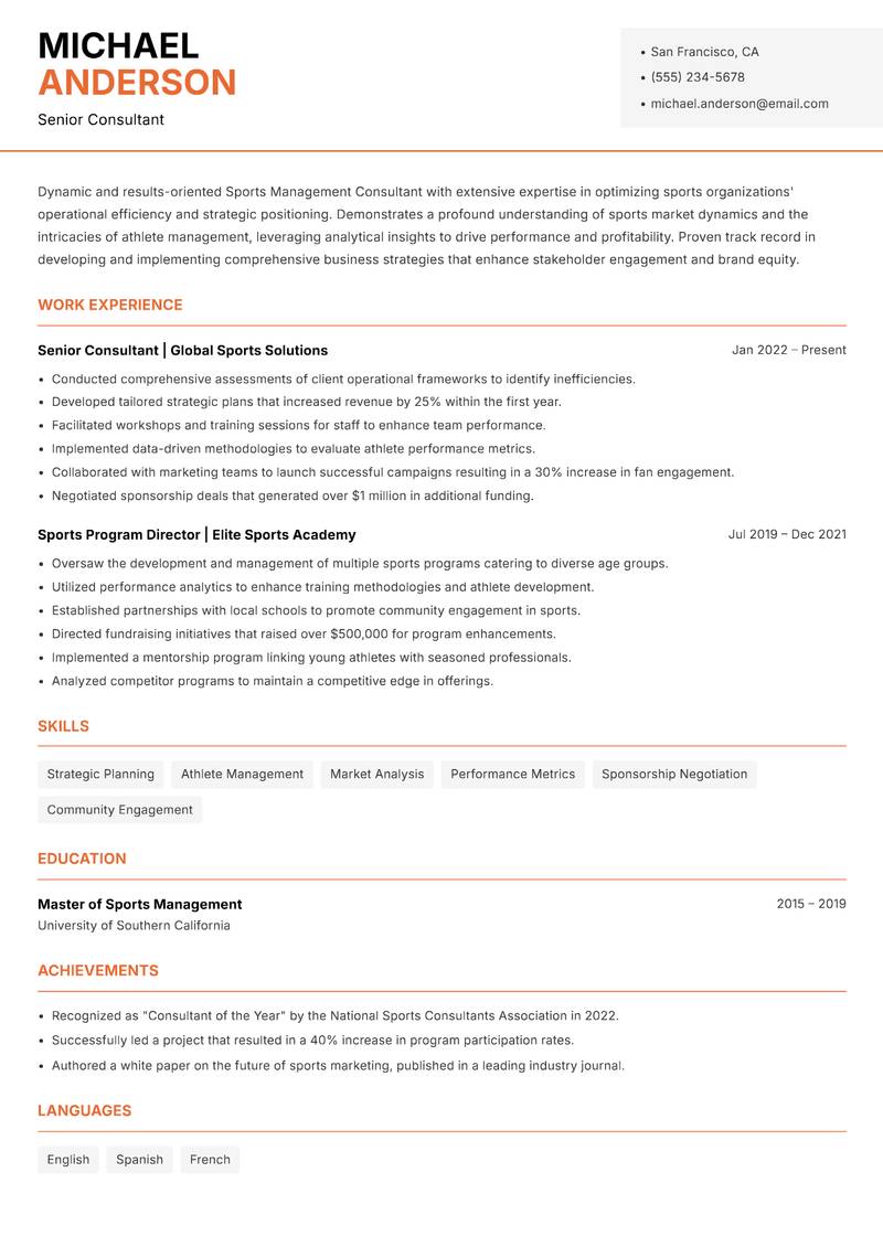 Sports Management Consultant resume sample — Senior Consultant focus