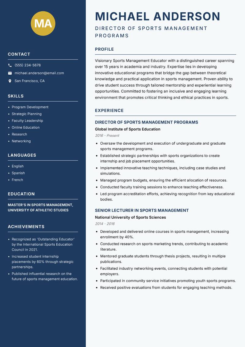 Sports Management Educator resume sample — Director of Sports Management Programs focus