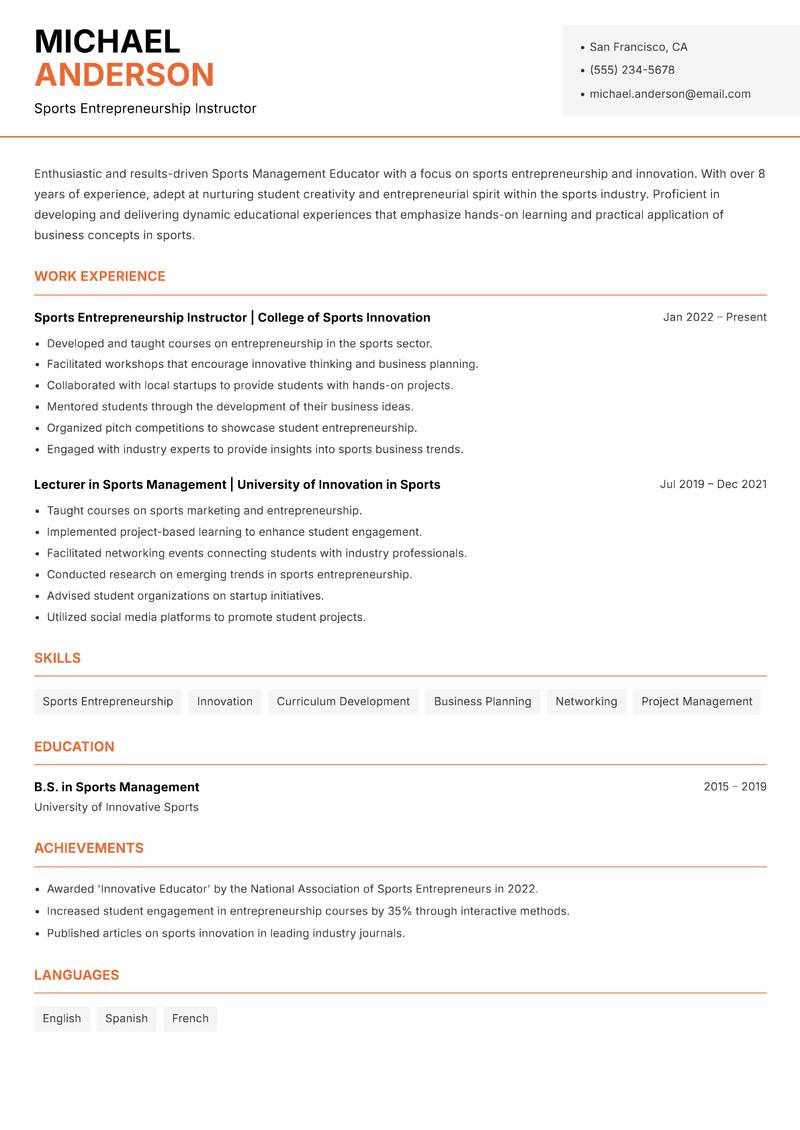 Sports Management Educator resume sample — Sports Entrepreneurship Instructor focus