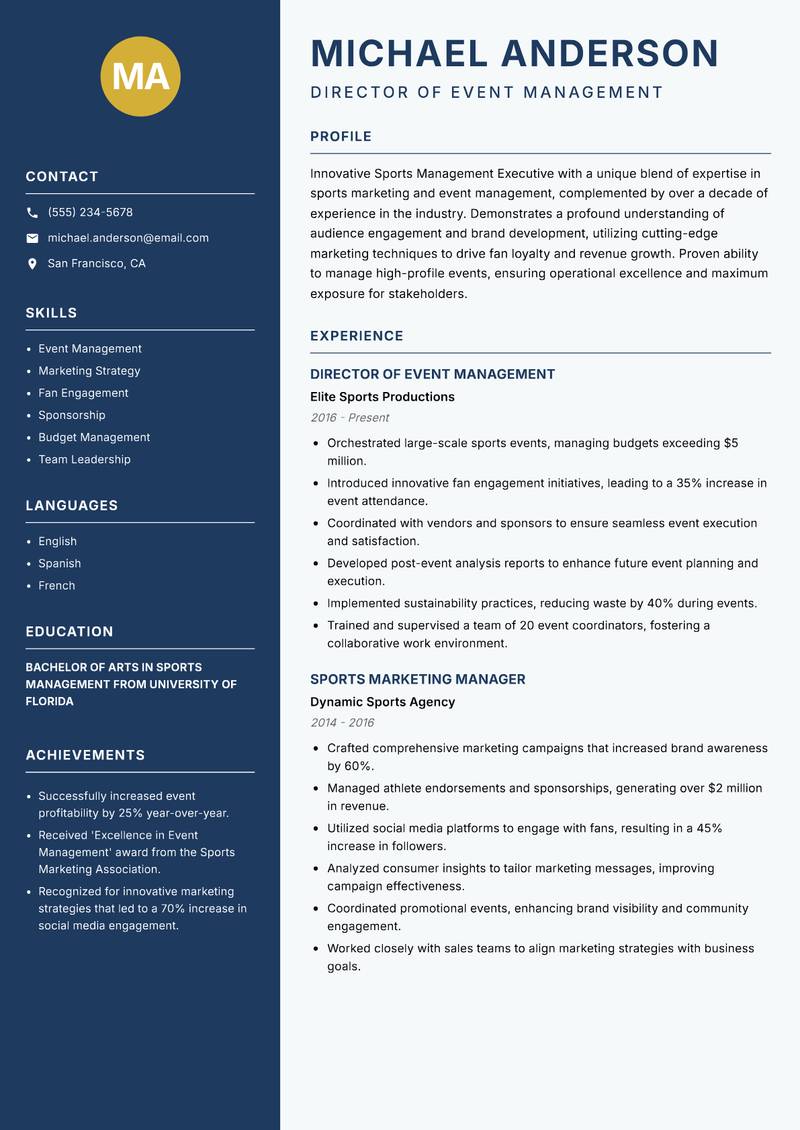 Sports Management Executive resume sample — Director of Event Management focus