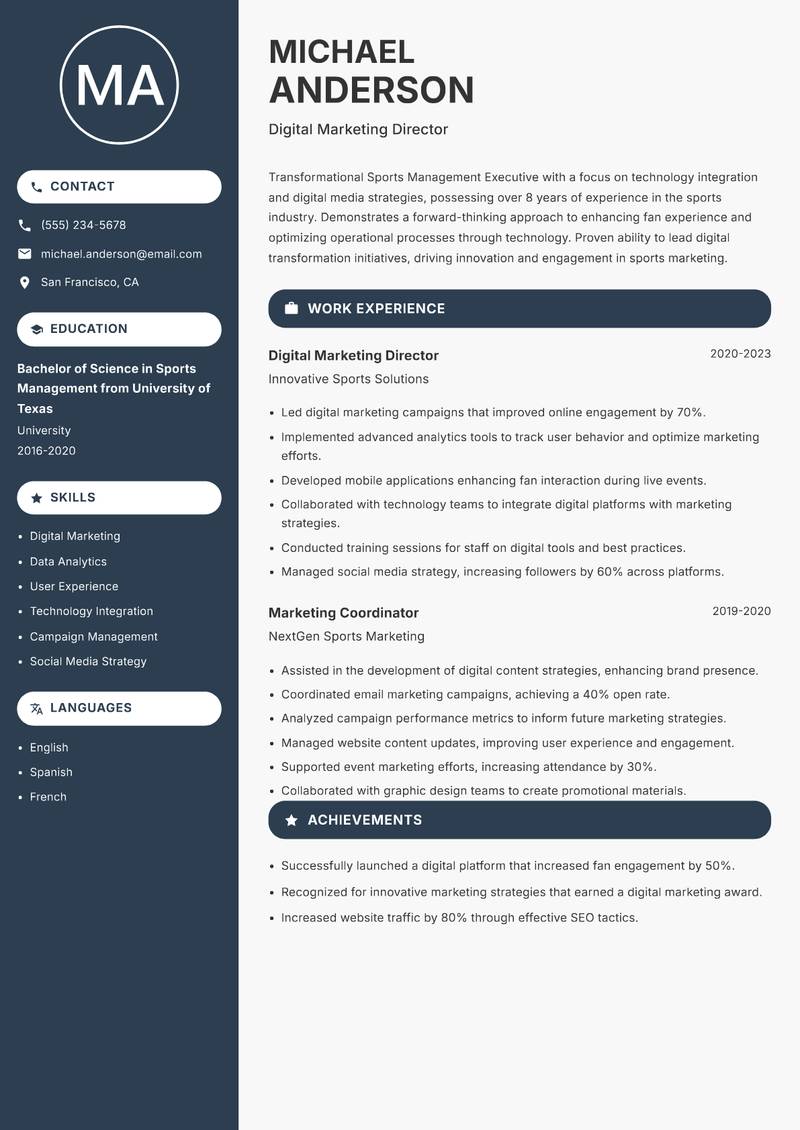 Sports Management Executive resume sample — Digital Marketing Director focus