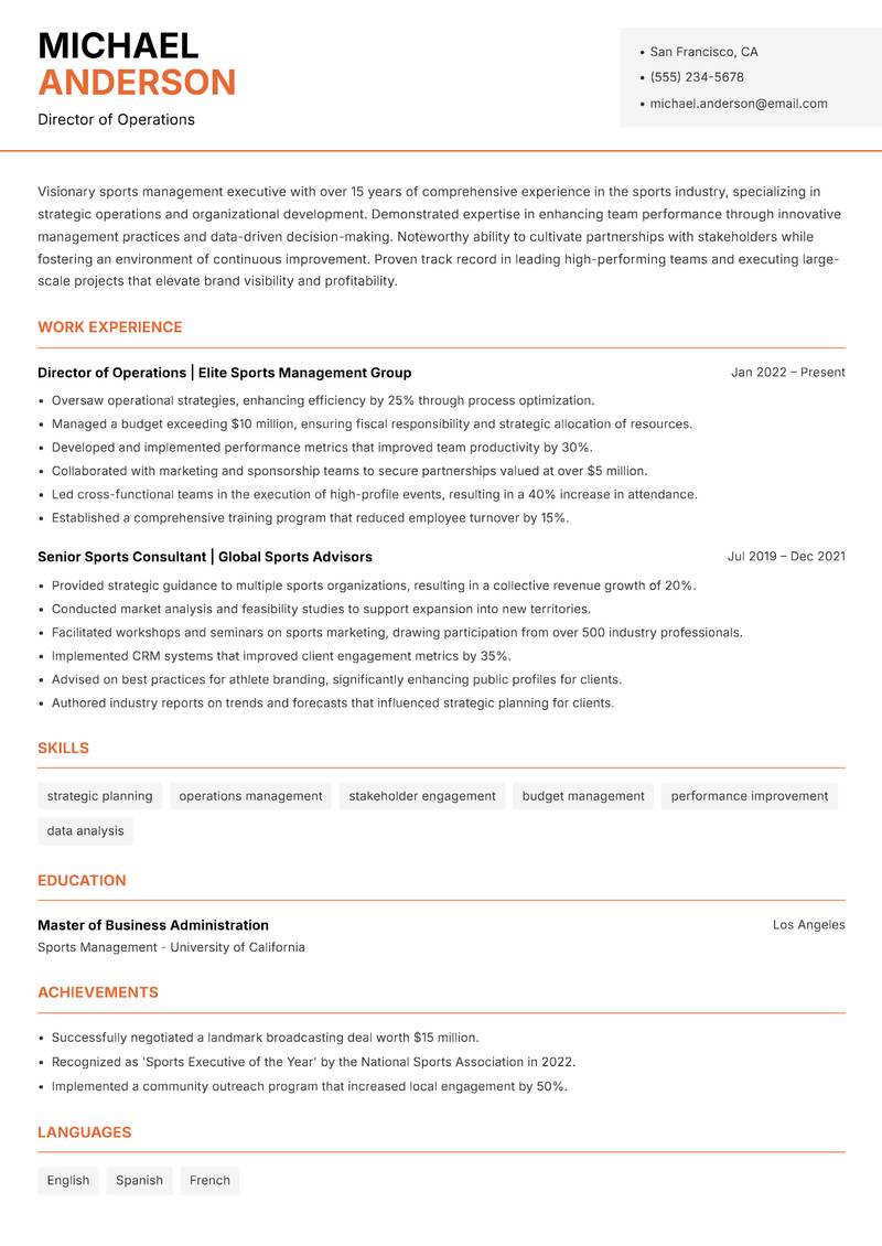 Sports Management Executive resume sample — Director of Operations focus