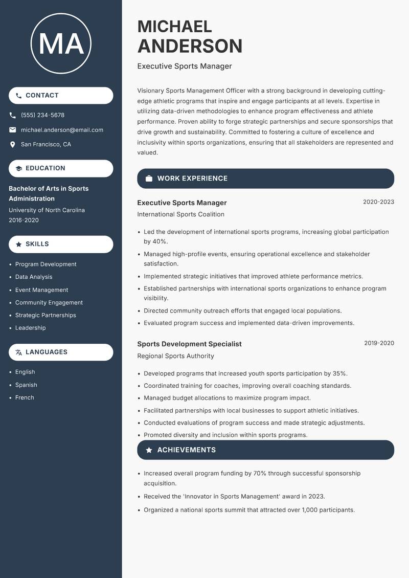 Sports Management Officer resume sample — Executive Sports Manager focus