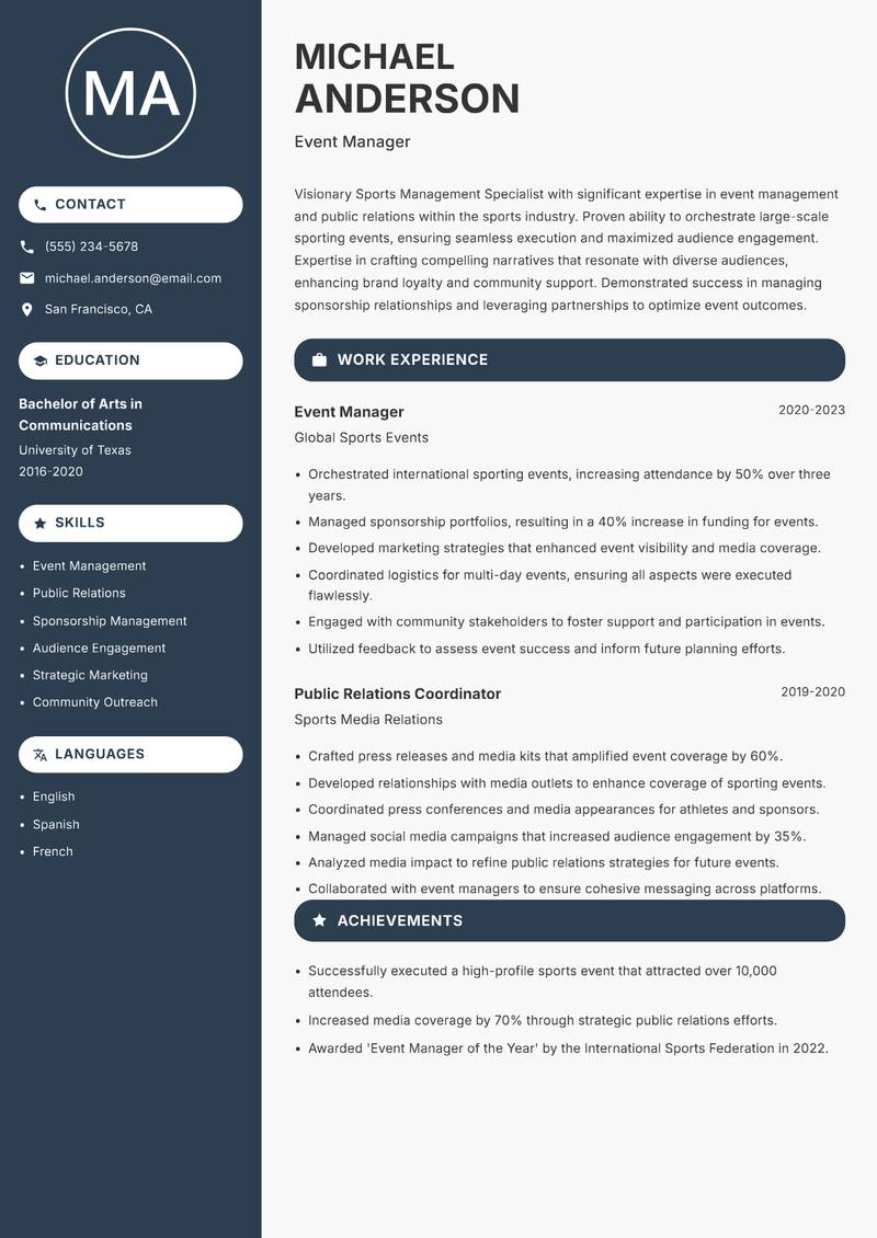 Sports Management Specialist resume sample — Event Manager focus