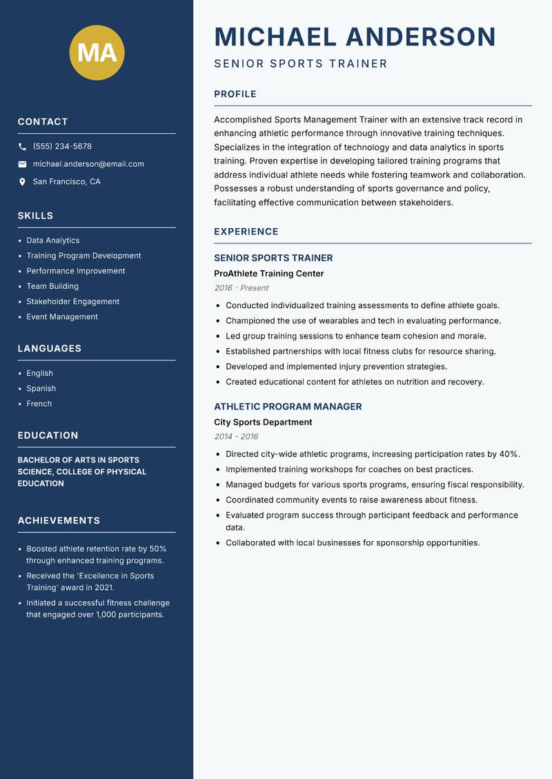 Sports Management Trainer resume sample — Senior Sports Trainer focus