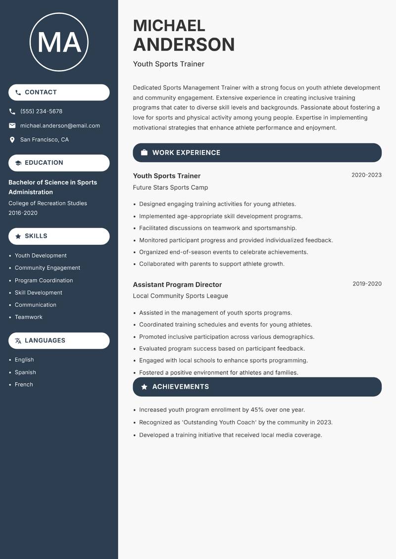 Sports Management Trainer resume sample — Youth Sports Trainer focus