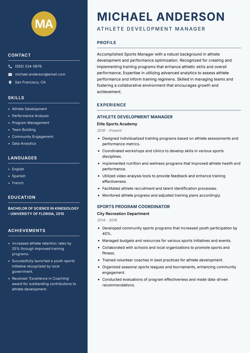 Sports Manager resume sample — Athlete Development Manager focus