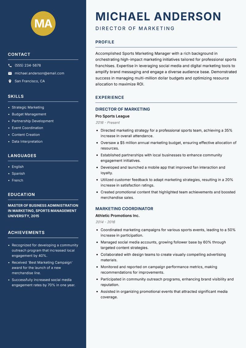 Sports Marketing Manager resume sample — Director of Marketing focus