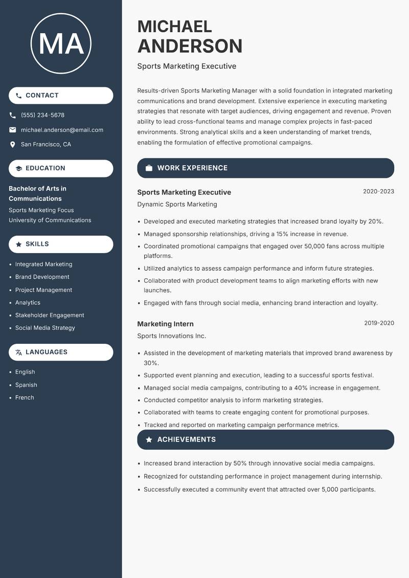 Sports Marketing Manager resume sample — Sports Marketing Executive focus