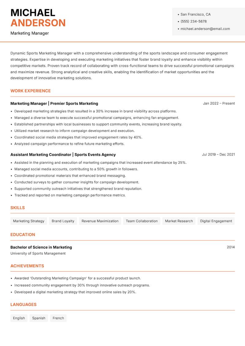 Sports Marketing Manager resume sample — Marketing Manager focus