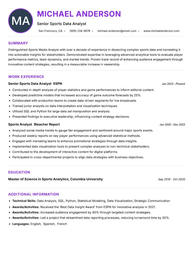 Sports Media Analyst resume example