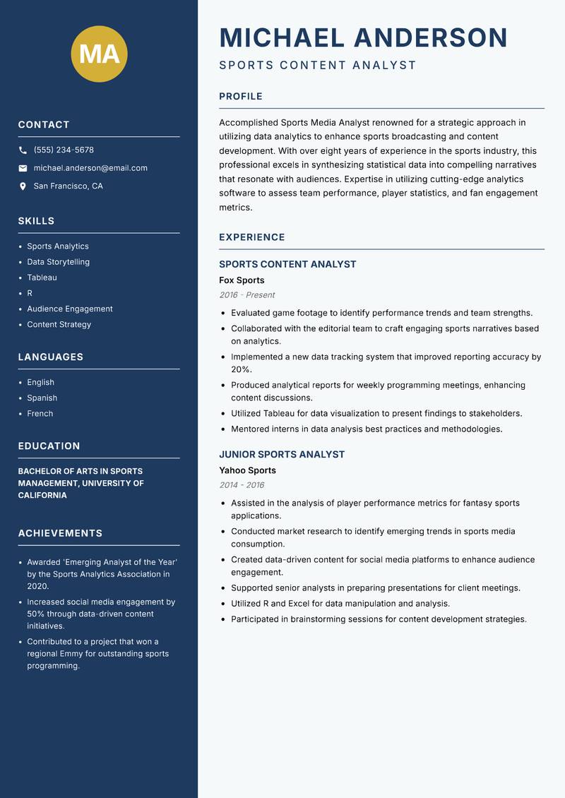Sports Media Analyst resume sample — Sports Content Analyst focus