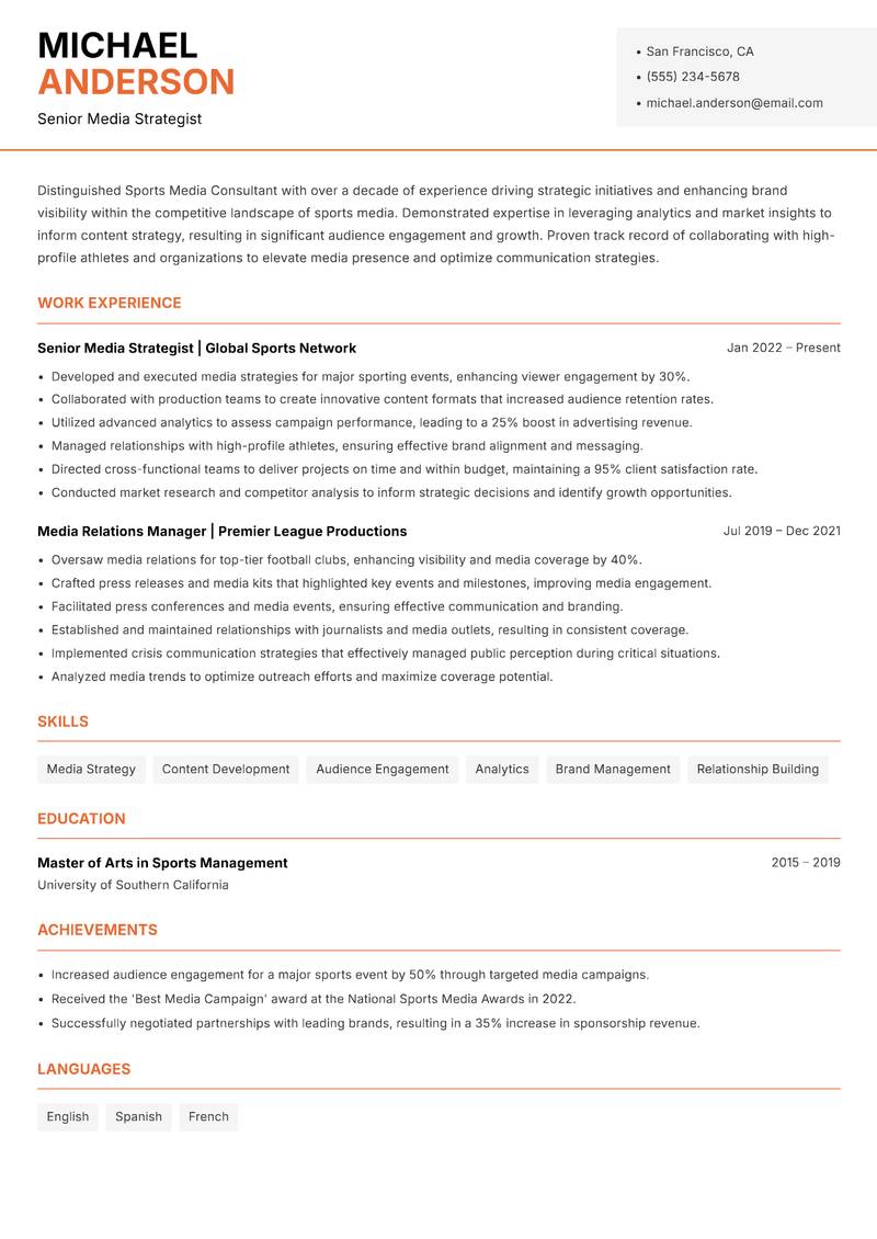 Sports Media Consultant resume sample — Senior Media Strategist focus