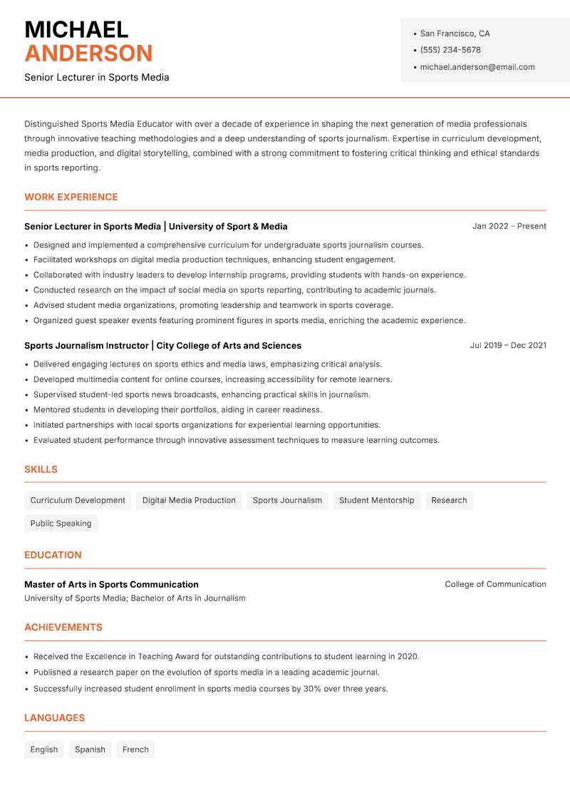 Sports Media Educator resume sample — Senior Lecturer in Sports Media focus