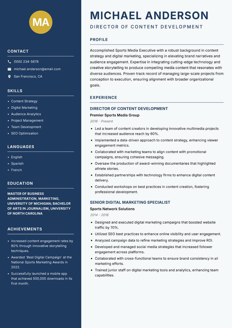 Sports Media Executive resume sample — Director of Content Development focus