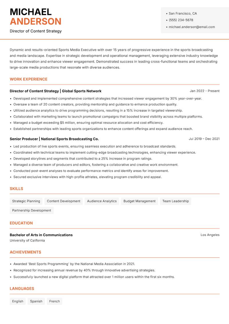 Sports Media Executive resume sample — Director of Content Strategy focus