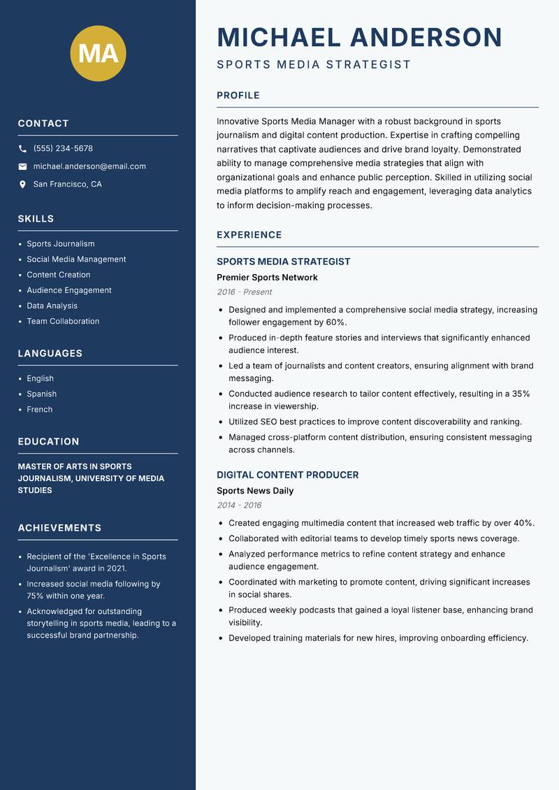 Sports Media Manager resume sample — Sports Media Strategist focus