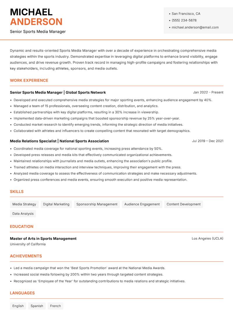 Sports Media Manager resume sample — Senior Sports Media Manager focus