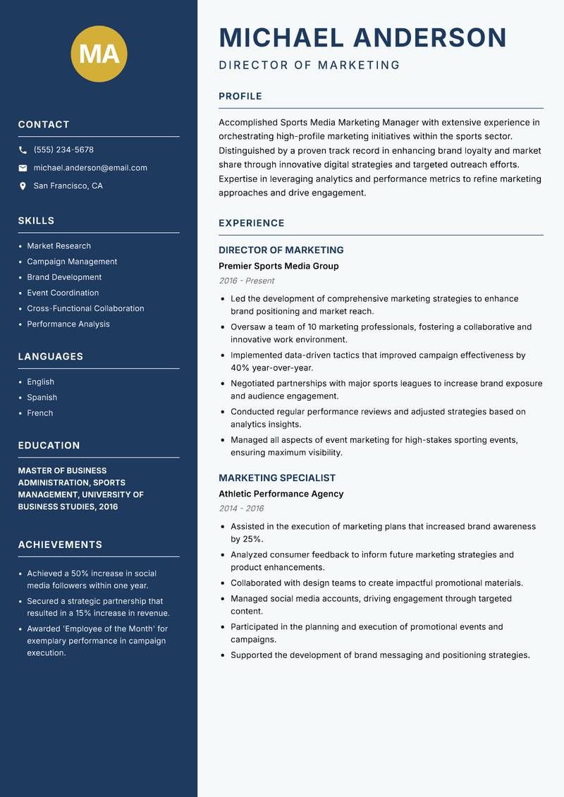 Sports Media Marketing Manager resume sample — Director of Marketing focus