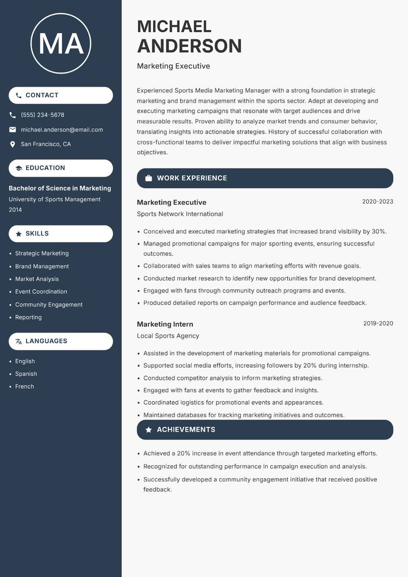 Sports Media Marketing Manager resume sample — Marketing Executive focus