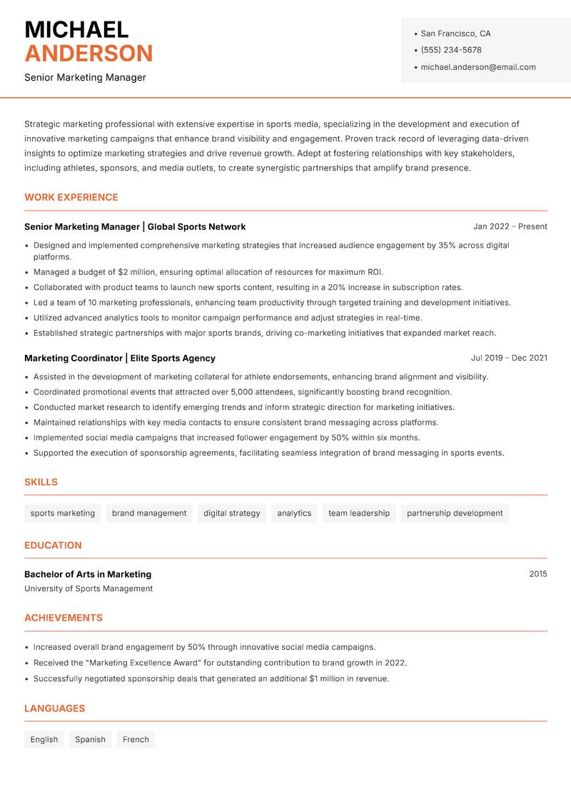 Sports Media Marketing Manager resume sample — Senior Marketing Manager focus