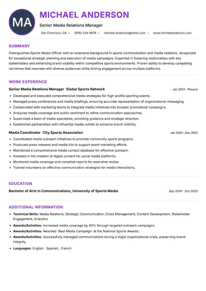 Sports Media Officer resume example