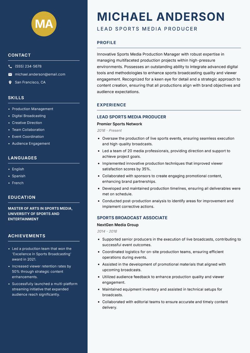 Sports Media Production Manager resume sample — Lead Sports Media Producer focus