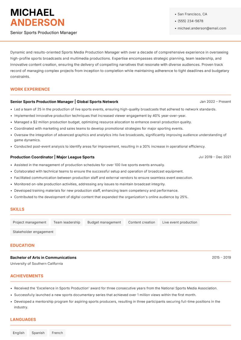 Sports Media Production Manager resume sample — Senior Sports Production Manager focus
