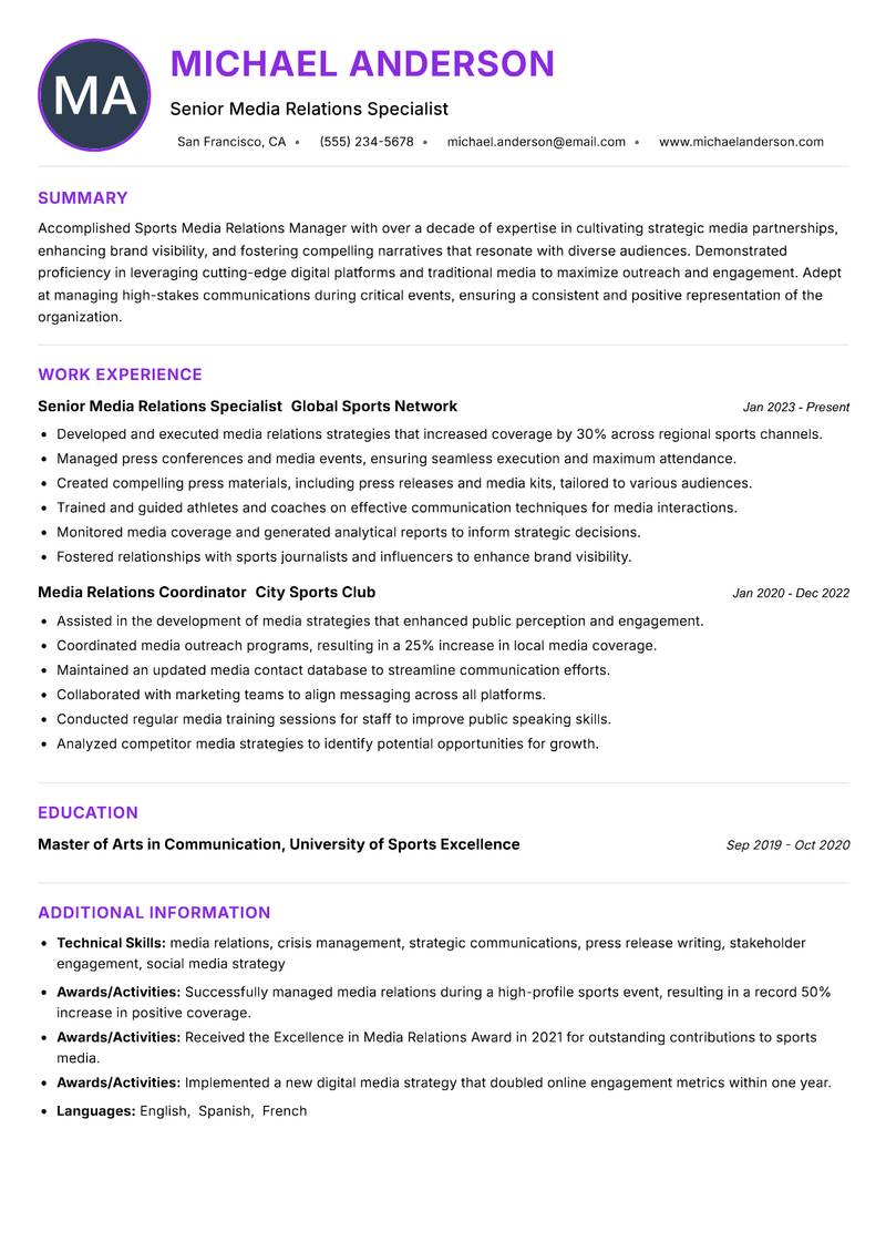 Sports Media Relations Manager resume example