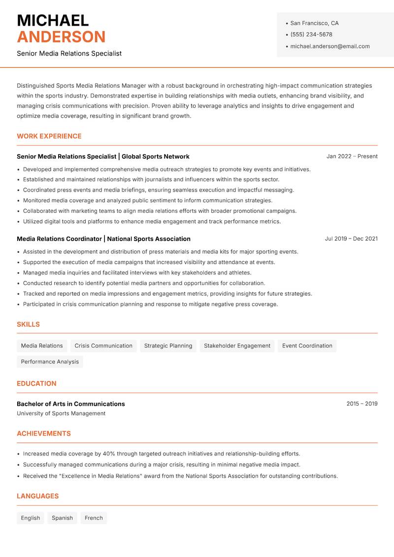 Sports Media Relations Manager resume sample — Senior Media Relations Specialist focus
