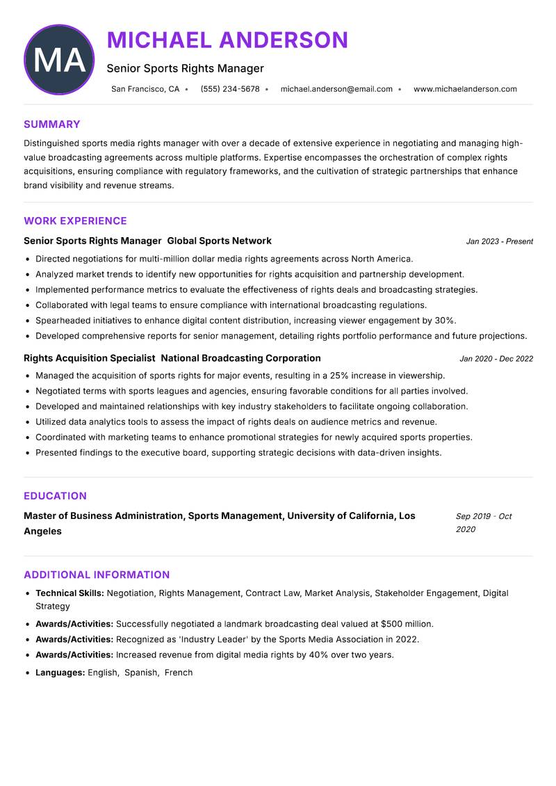 Sports Media Rights Manager resume example