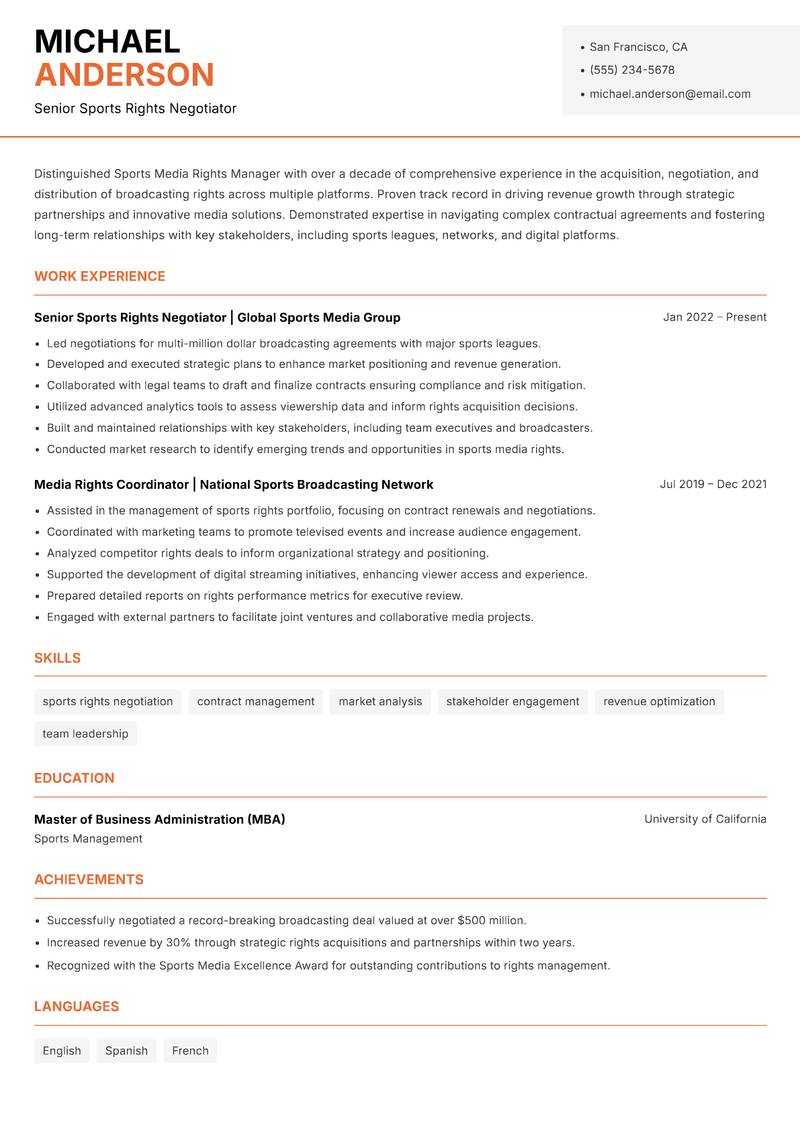 Sports Media Rights Manager resume sample — Senior Sports Rights Negotiator focus