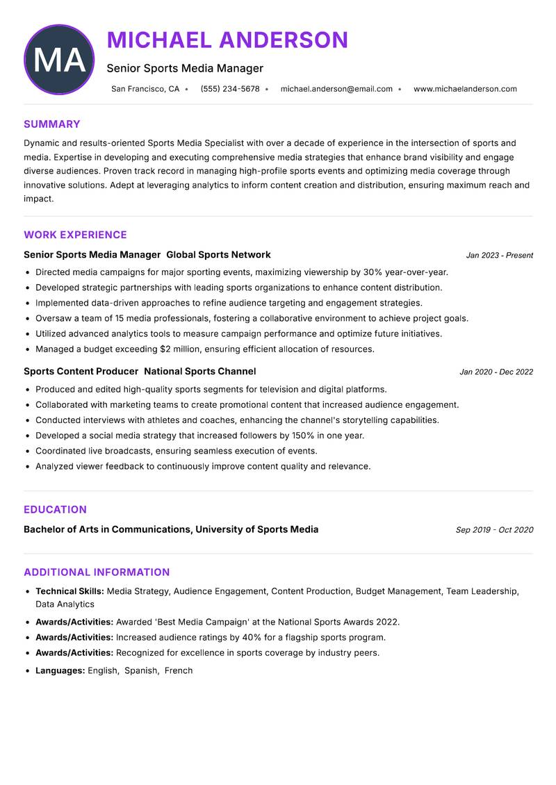 Sports Media Specialist resume example