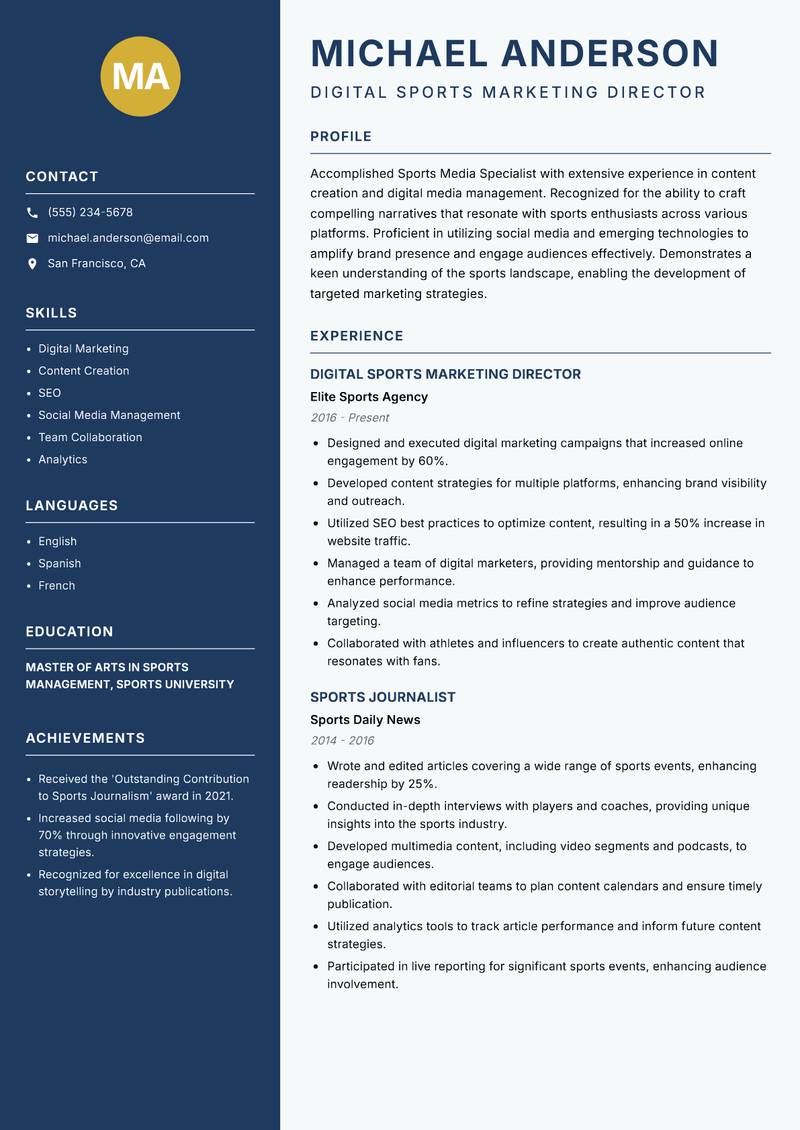 Sports Media Specialist resume sample — Digital Sports Marketing Director focus